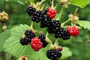 wild blackberry canes with ripe and unripe berries