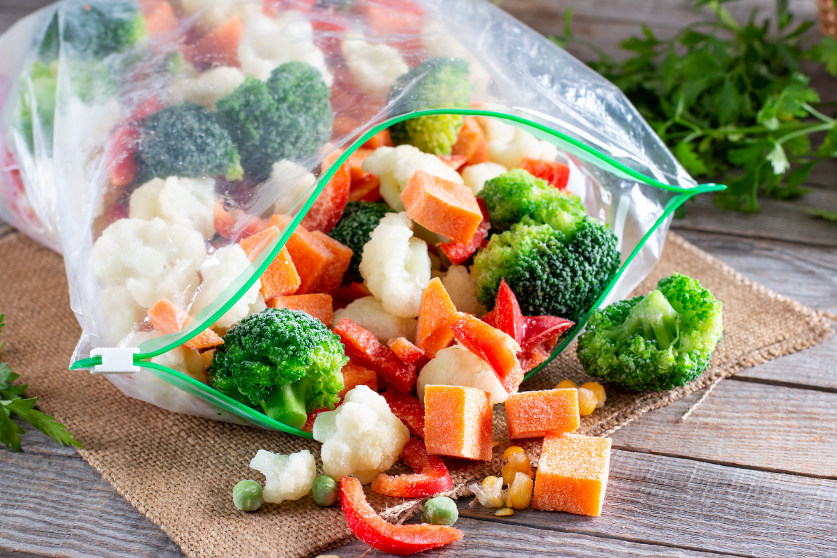 frozen brassicas and other vegetables stored in a plastic bag