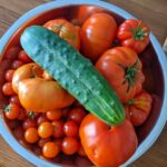 aluminum bowl filled with homegrown vegetables including tomatoes and cucumbers